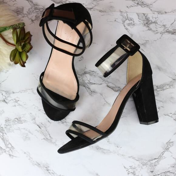 Bershka Black Clear Open Toe Ankle Strap Fashion Strappy Block 3.5" Heel SIZE 38 - Picture 1 of 10